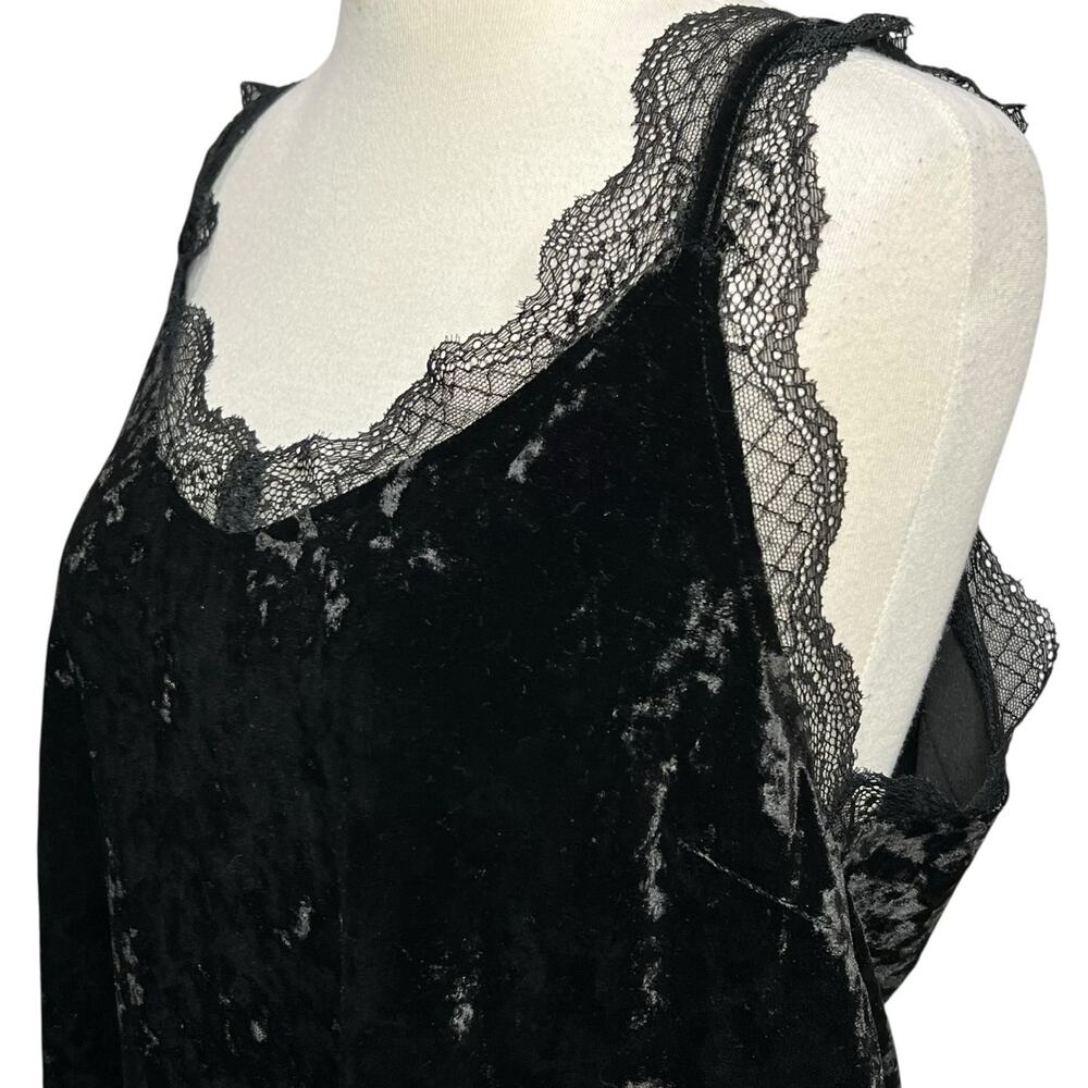 Mystree Y2K Tank Top Womens L Black Crushed Velvet Lace Trim Soft Whimsygoth - Picture 3 of 13